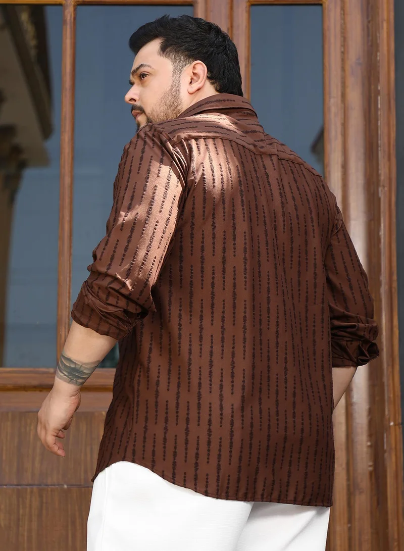 Instafab Plus Instafab Plus Men's Chocolate Brown Tassel-Weave Shirt For Casual Wear | Spread Collar | Long Cuffed Sleeves | Button Closure | Plus Size Shirt Crafted With Comfort Fit For Everyday Wear