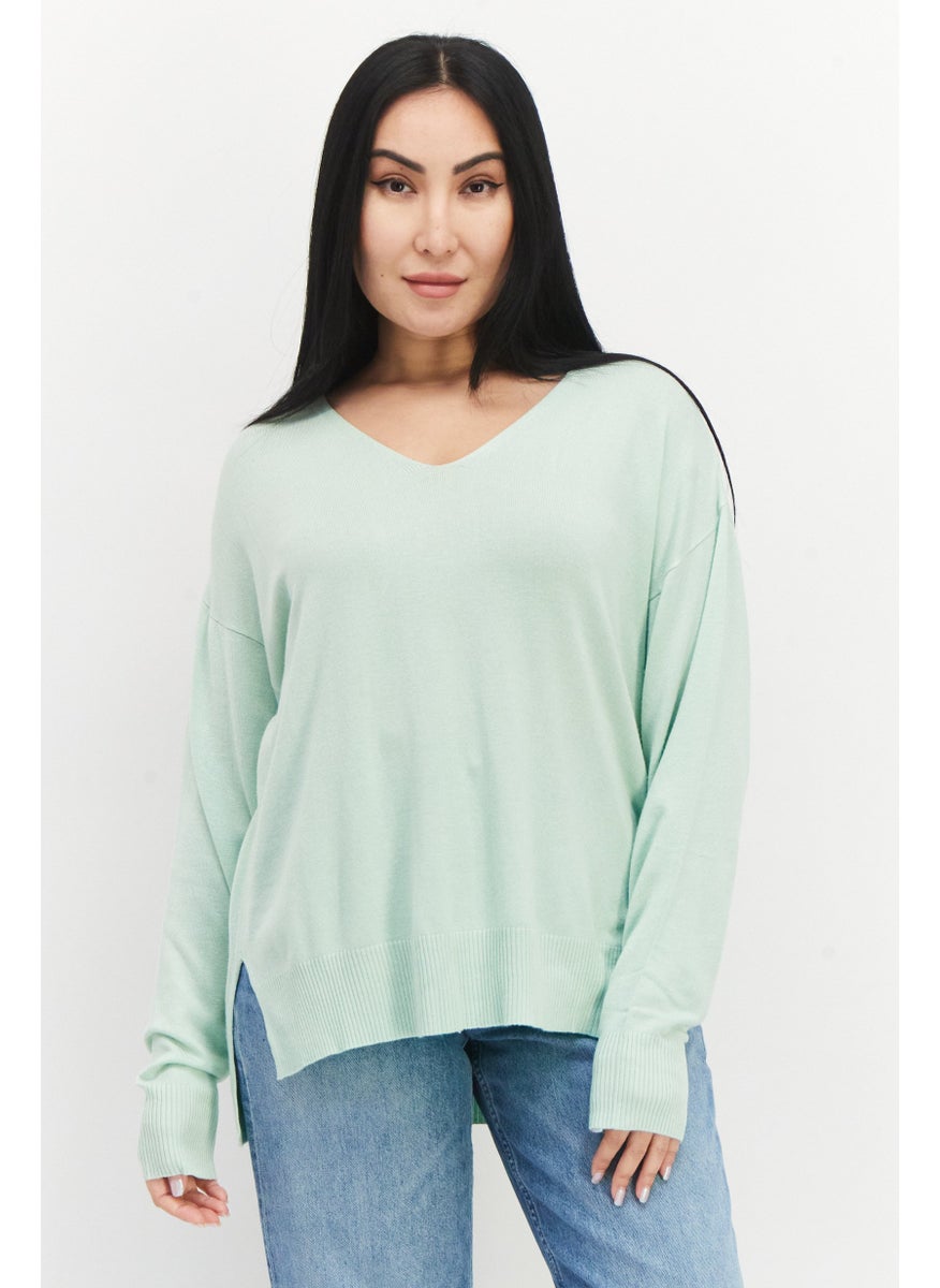 Women V Neck Long Sleeve Plain Sweater, Mint Green - pzsku/ZE70516D1065054253563Z/45/_/1724351309/68934379-f710-4ccb-97f0-8c760577a4c4