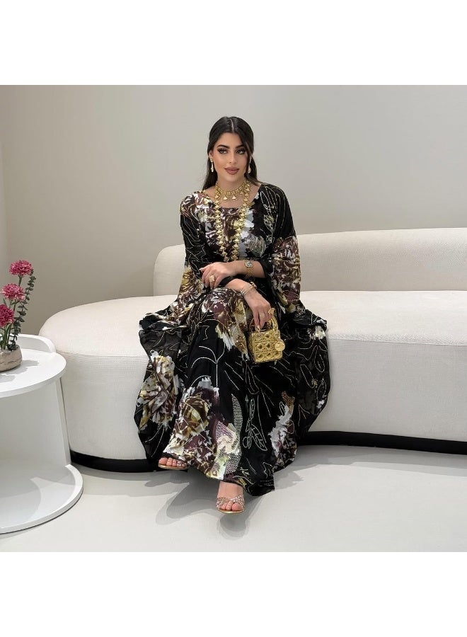 Muslim Abaya Women Muslim Dress Elegant Floral Printed Rhinestone Abayas Batwing Sleeves Ethnic Muslim Kaftan Abaya Maxi Dress - Image 2