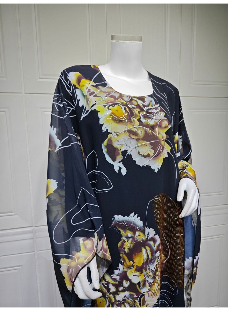 Muslim Abaya Women Muslim Dress Elegant Floral Printed Rhinestone Abayas Batwing Sleeves Ethnic Muslim Kaftan Abaya Maxi Dress - Image 5