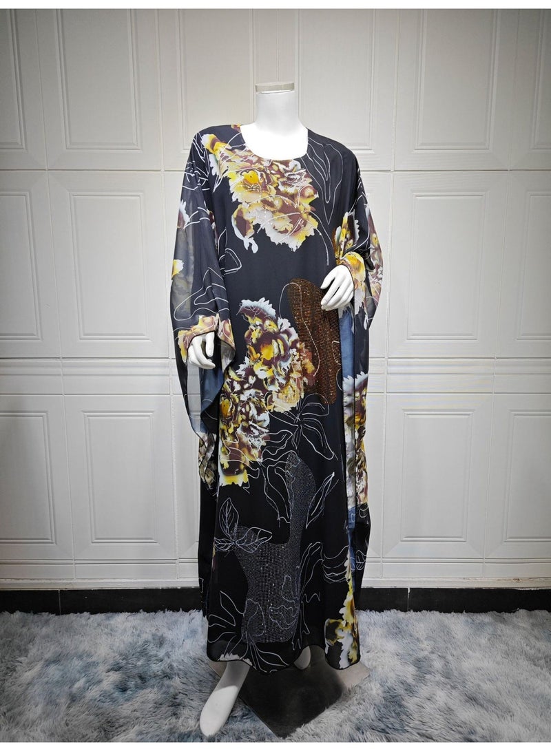 Muslim Abaya Women Muslim Dress Elegant Floral Printed Rhinestone Abayas Batwing Sleeves Ethnic Muslim Kaftan Abaya Maxi Dress - Image 3