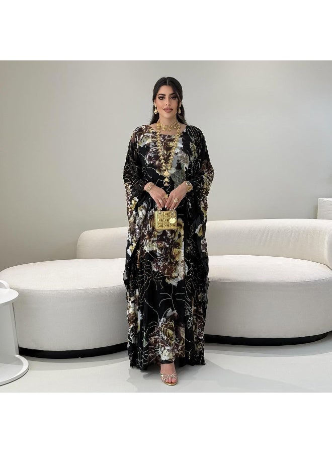 Muslim Abaya Women Muslim Dress Elegant Floral Printed Rhinestone Abayas Batwing Sleeves Ethnic Muslim Kaftan Abaya Maxi Dress - Image 1