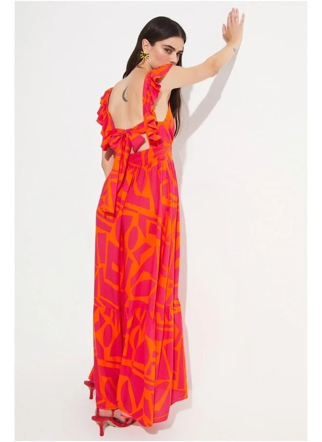 جون June Women Viscose Patterned V-Neck Dress Orange - Fuchsia