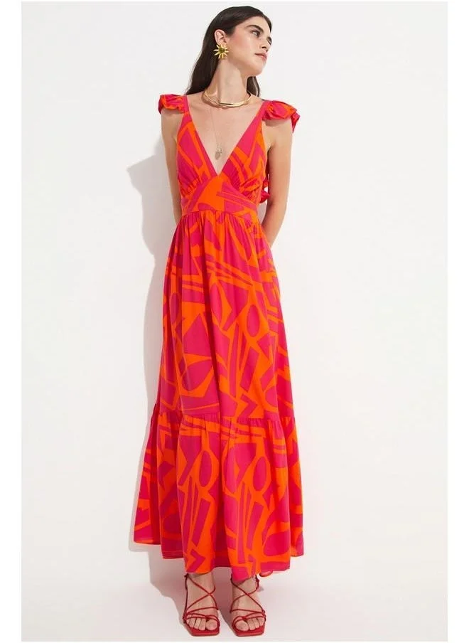 جون June Women Viscose Patterned V-Neck Dress Orange - Fuchsia