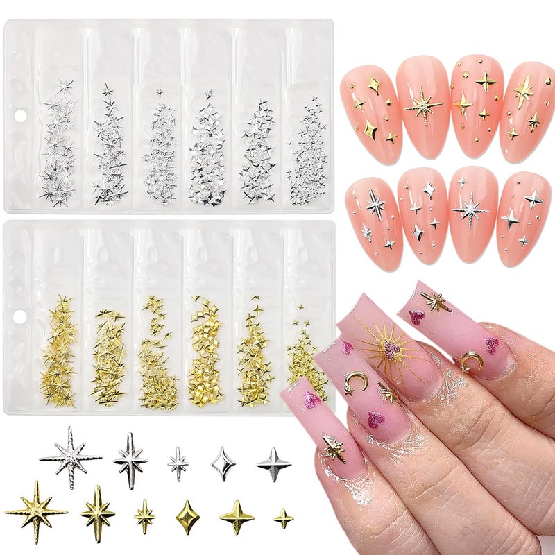 KRTBKR 400Pcs Star Nail Charms for Nails Art 3D Gold Silver Star Nail Charms Metallic Studs Rhinestones Stars Nail Jewelry Decorations Manicure Kit Supplies Accessories for Women Acrylic Manicure Salon - Image 1