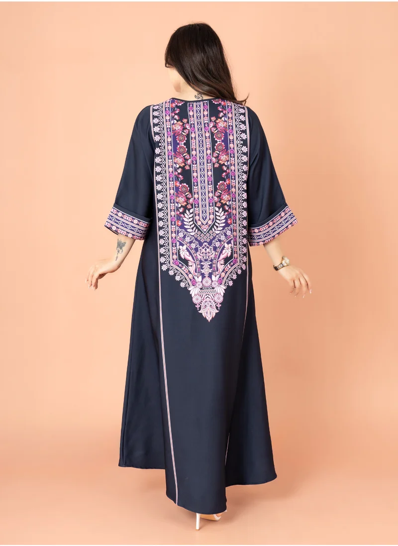 IKKXA Solid Printed Jalabiya IK1003 Blue