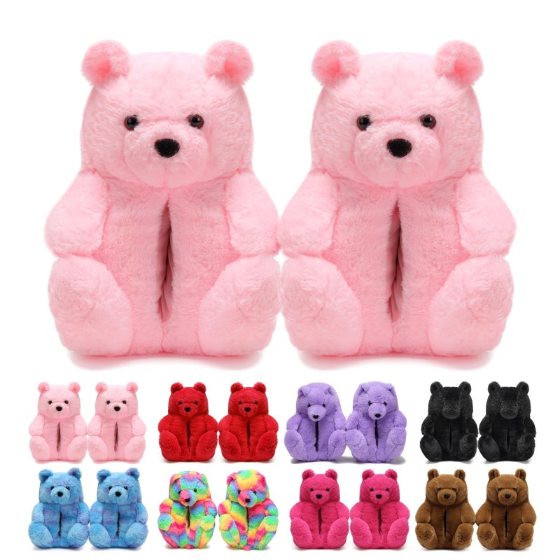 DOVORSY Cute Teddy Bear Slippers for Women, Pink Fuzzy Animal House Slippers, Fluffy Cozy Indoor Slipper for Ladies, Girls, Thoughtful Birthday Gift for Her Him (Size 7-11) - Image 1
