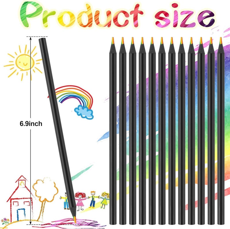 Sarjak Rainbow Colored Pencils, 12 Pieces, 7 Colors in 1, Black Wooden, for Coloring Books, Drawing, Sketching - Image 2
