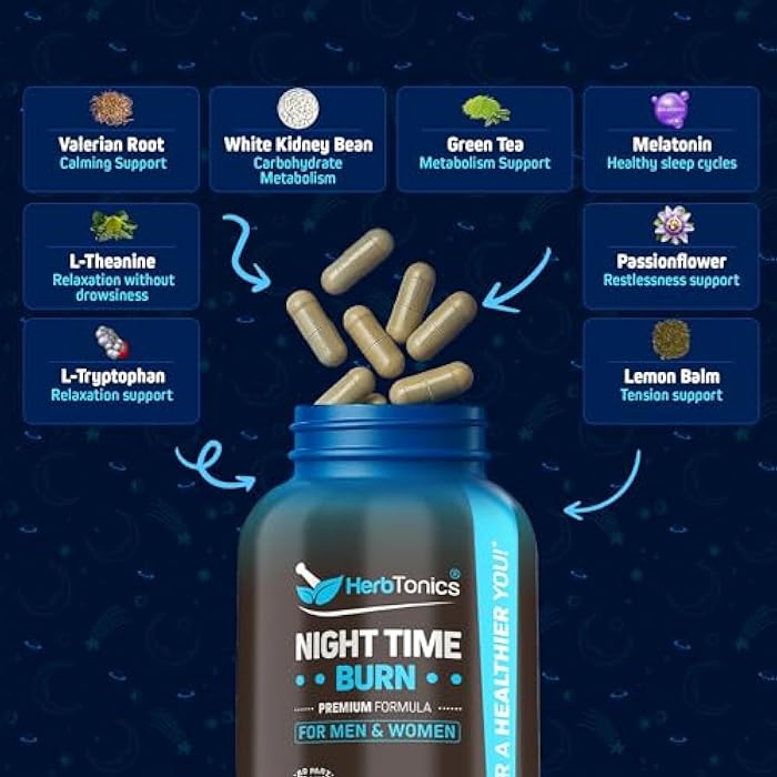 Herbtonics هيربتونيكس معقد حرق النوم الليلي ودعم النوم يدعم الأيض الليلي، تخفيف التوتر والنوم العميق. يحتوي على الميلاتونين، فاليريان والشاي الأخضر - إدارة الوزن النباتية قبل النوم (120 كبسولة) - Image 3