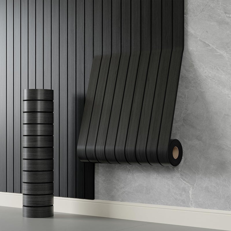 YLL YLL PVC Slat Wall Panel Peel and Stick 118"x 15.7" Faux Black Wood Grain Slat Panel Self-Adhesive Wallpaper Soundproof 3D Wall Panels - Image 1