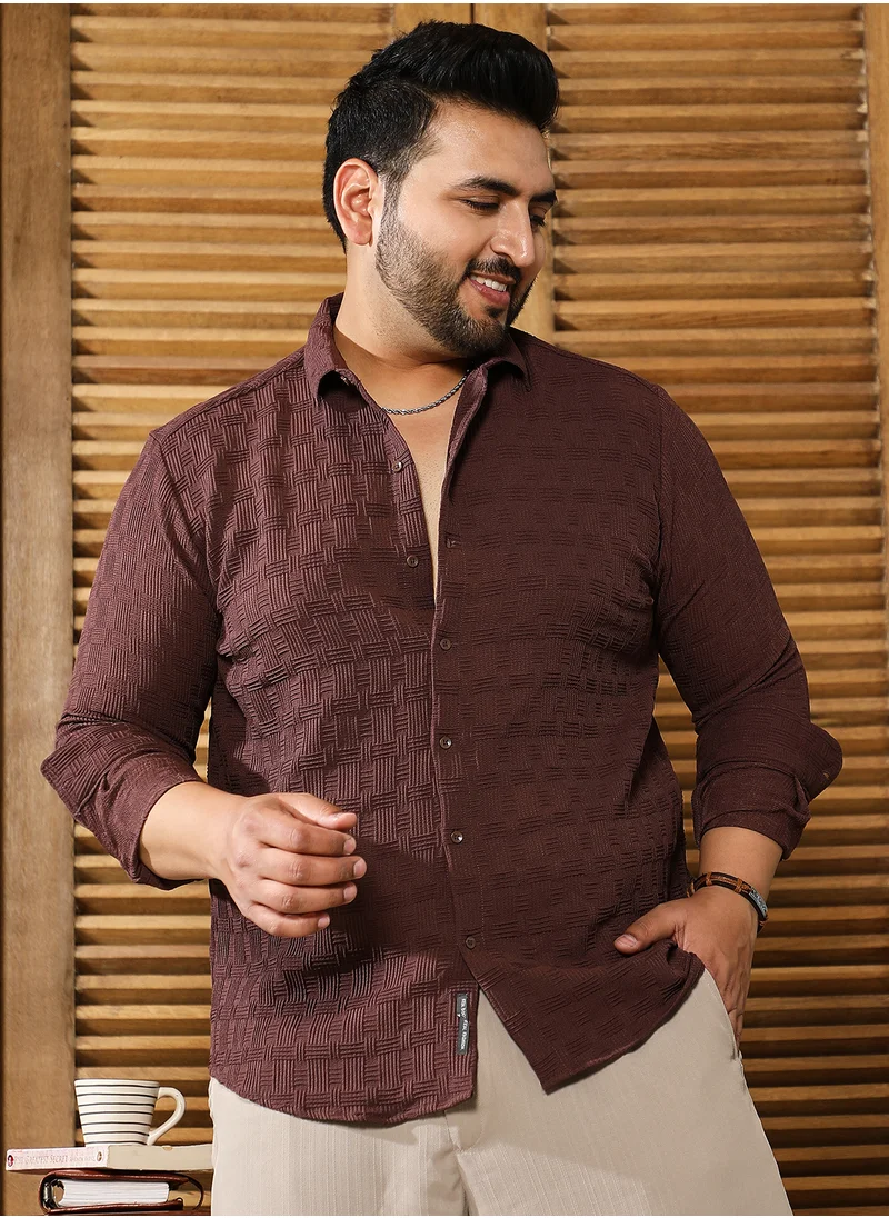 انستافاب بلس Instafab Plus Men's Chocolate Brown Warpwelt-Tactile Shirt For Casual Wear | Spread Collar | Long Cuffed Sleeves | Button Closure | Plus Size Shirt Crafted With Comfort Fit For Everyday Wear