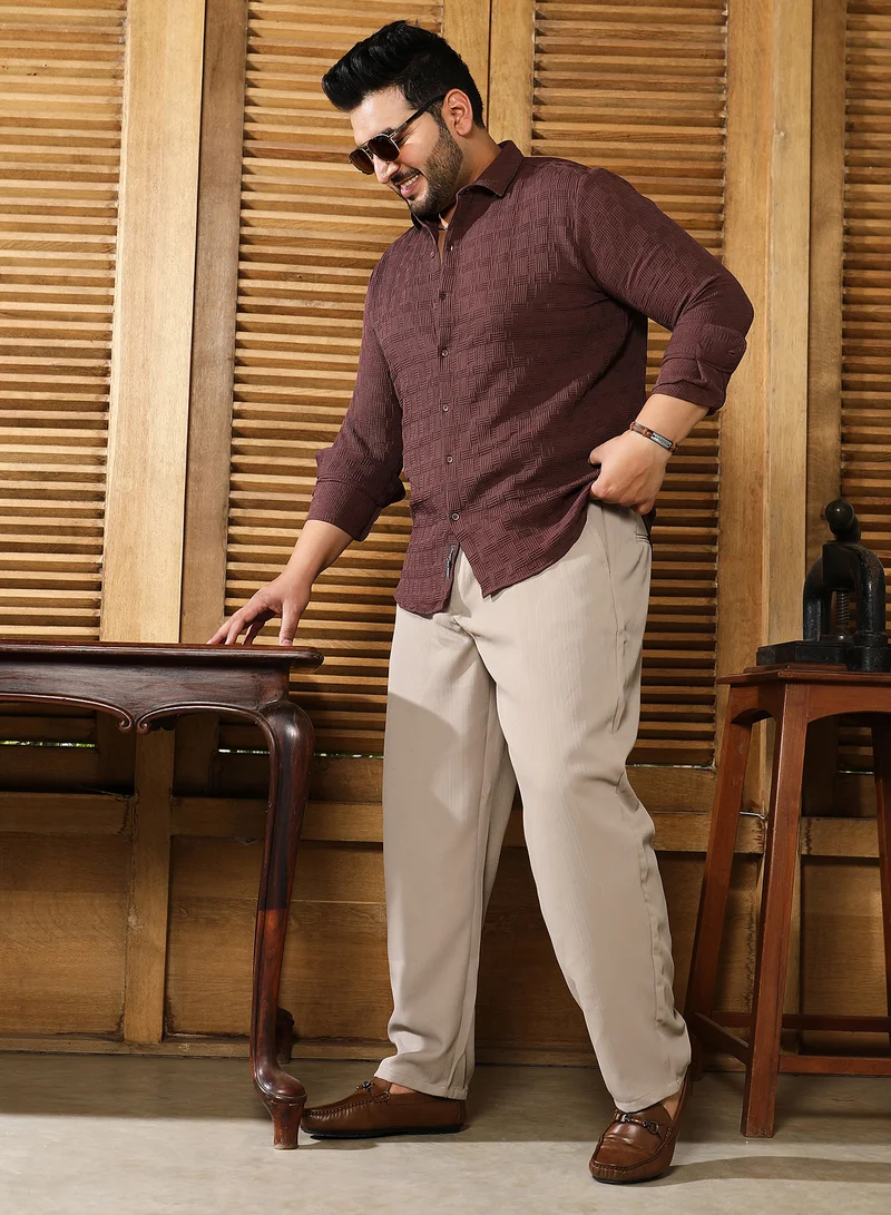 Instafab Plus Instafab Plus Men's Chocolate Brown Warpwelt-Tactile Shirt For Casual Wear | Spread Collar | Long Cuffed Sleeves | Button Closure | Plus Size Shirt Crafted With Comfort Fit For Everyday Wear