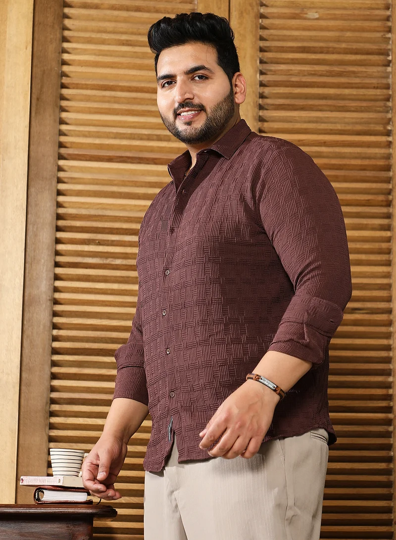 Instafab Plus Instafab Plus Men's Chocolate Brown Warpwelt-Tactile Shirt For Casual Wear | Spread Collar | Long Cuffed Sleeves | Button Closure | Plus Size Shirt Crafted With Comfort Fit For Everyday Wear