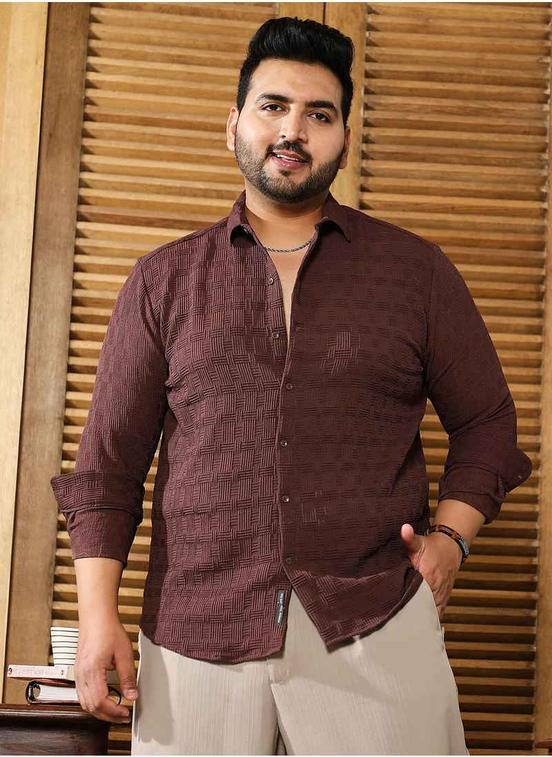 انستافاب بلس Instafab Plus Men's Chocolate Brown Warpwelt-Tactile Shirt For Casual Wear | Spread Collar | Long Cuffed Sleeves | Button Closure | Plus Size Shirt Crafted With Comfort Fit For Everyday Wear