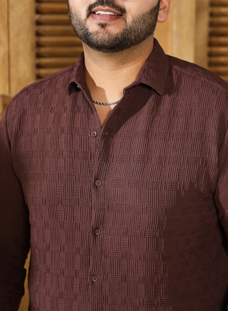 Instafab Plus Instafab Plus Men's Chocolate Brown Warpwelt-Tactile Shirt For Casual Wear | Spread Collar | Long Cuffed Sleeves | Button Closure | Plus Size Shirt Crafted With Comfort Fit For Everyday Wear