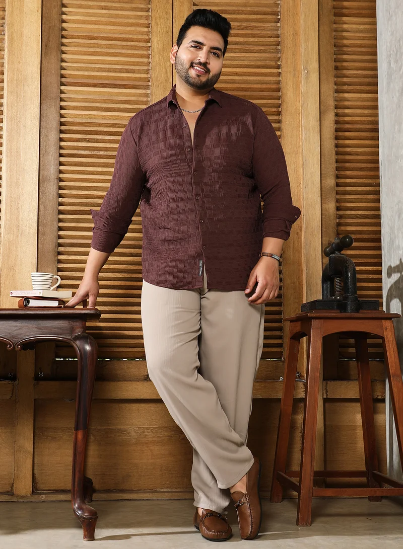Instafab Plus Instafab Plus Men's Chocolate Brown Warpwelt-Tactile Shirt For Casual Wear | Spread Collar | Long Cuffed Sleeves | Button Closure | Plus Size Shirt Crafted With Comfort Fit For Everyday Wear