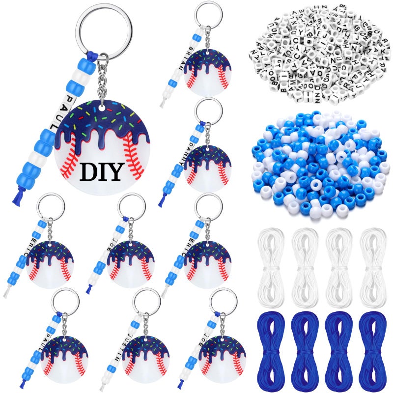 Nosiny 12 Pcs Baseball Ice Cream Drip Keychain DIY Bead Acrylic Key Chain Making Kit Craft 2 Inch Baseball Party Favors Team Gifts Sports Adjustable Letter Beads Decor for Bag(Blue) - Image 1