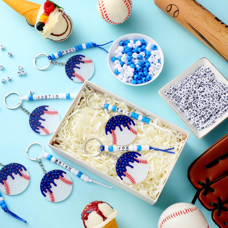 Nosiny 12 Pcs Baseball Ice Cream Drip Keychain DIY Bead Acrylic Key Chain Making Kit Craft 2 Inch Baseball Party Favors Team Gifts Sports Adjustable Letter Beads Decor for Bag(Blue) - Image 3