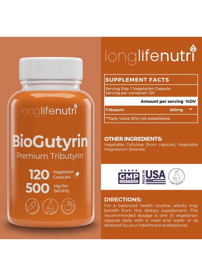 LongLifeNutri BioGutyrin - Tributyrin 500mg, Postbiotic Supplement for Gut Function & Nutrient Absorption, 120 Vegetarian Capsules, Butyric Acid for Butyrate Production, 4-Month Supply, GMP Certified, Made in USA - Image 2