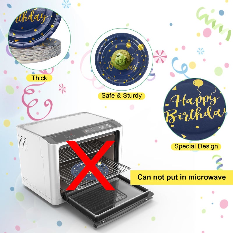 EVYIENEN 50Pcs Happy Birthday Blue and Gold Paper Plates  9 inch Metallic Foil Polka Dots Disposable Dessert Party Plates Party Supplies for Graduation Birthday Cocktail Party Weddings Holiday Christmas - Image 3