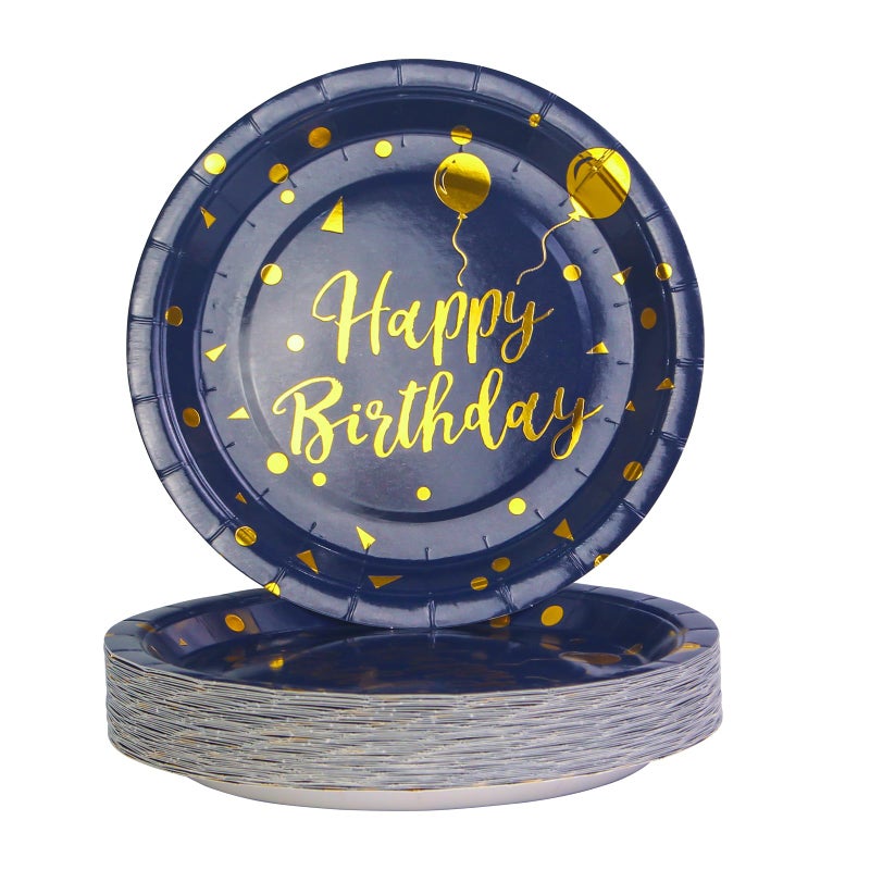 EVYIENEN 50Pcs Happy Birthday Blue and Gold Paper Plates  9 inch Metallic Foil Polka Dots Disposable Dessert Party Plates Party Supplies for Graduation Birthday Cocktail Party Weddings Holiday Christmas - Image 1
