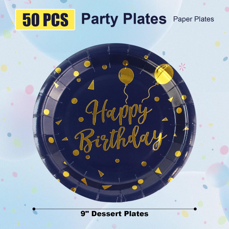 EVYIENEN 50Pcs Happy Birthday Blue and Gold Paper Plates  9 inch Metallic Foil Polka Dots Disposable Dessert Party Plates Party Supplies for Graduation Birthday Cocktail Party Weddings Holiday Christmas - Image 2