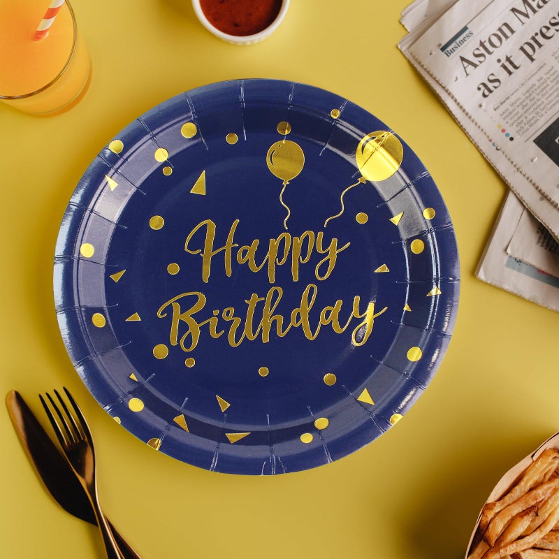 EVYIENEN 50Pcs Happy Birthday Blue and Gold Paper Plates  9 inch Metallic Foil Polka Dots Disposable Dessert Party Plates Party Supplies for Graduation Birthday Cocktail Party Weddings Holiday Christmas - Image 4