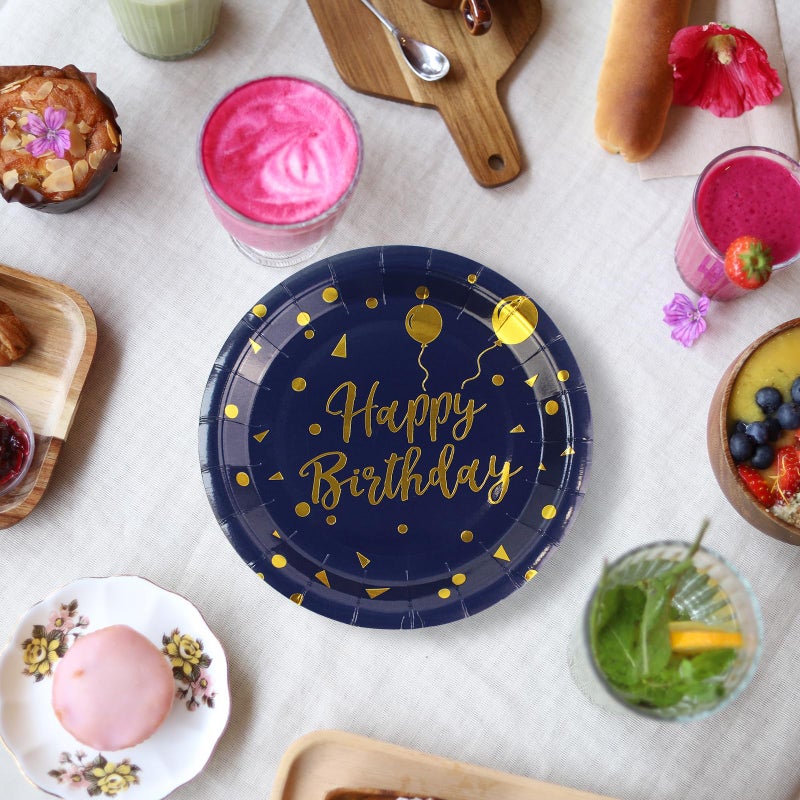 EVYIENEN 50Pcs Happy Birthday Blue and Gold Paper Plates  9 inch Metallic Foil Polka Dots Disposable Dessert Party Plates Party Supplies for Graduation Birthday Cocktail Party Weddings Holiday Christmas - Image 5