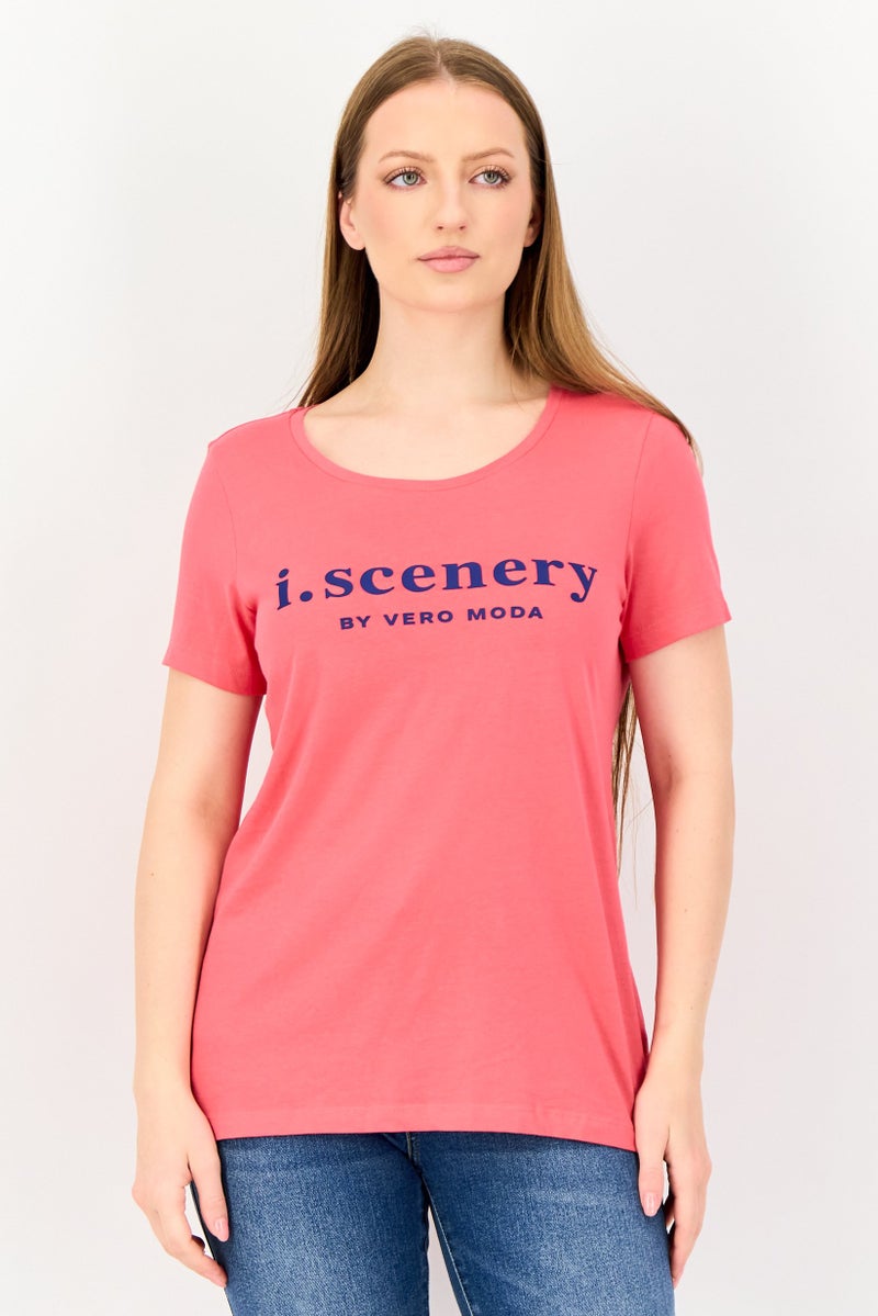 VERO MODA I Scenery by Vero Moda Women Crew Neck Short Sleeve Brand Logo T Shirt, Dark Pink - Image 1