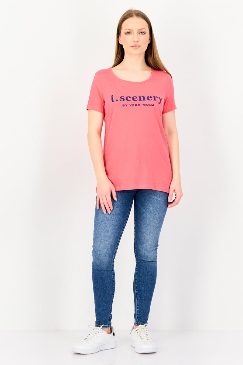 VERO MODA I Scenery by Vero Moda Women Crew Neck Short Sleeve Brand Logo T Shirt, Dark Pink - Image 4