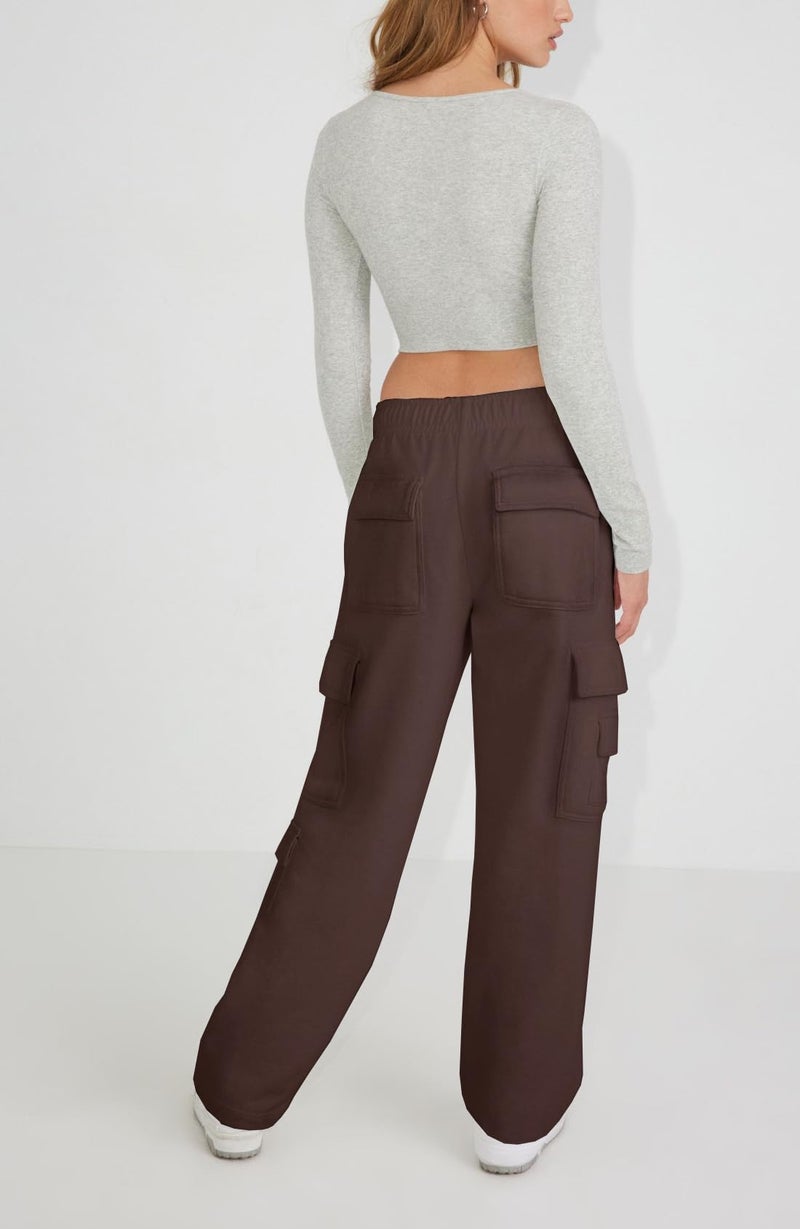 Waitfairy Cargo Sweatpants for Women - Straight Leg Fleece Lined Joggers Women Barrel Sweat Pants for Girls Y2k Clothes Gingerbread Brown L - Image 5