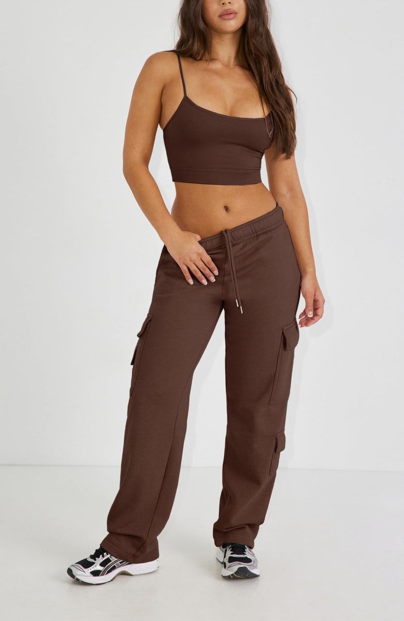 Waitfairy Cargo Sweatpants for Women - Straight Leg Fleece Lined Joggers Women Barrel Sweat Pants for Girls Y2k Clothes Gingerbread Brown L - Image 3