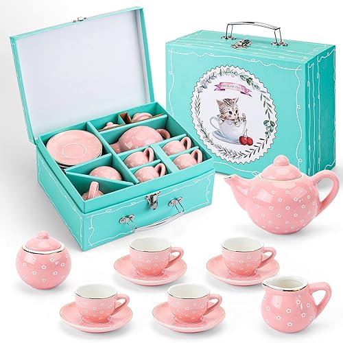CHENP.HMC CHENPHMC Tea Party Set for Little Girls 13 Piece Sets Kids Tin Tea Party with Cups Saucers Plates  Serving Trays Girls Birthday Gift Pastel Polka Dots - Image 1