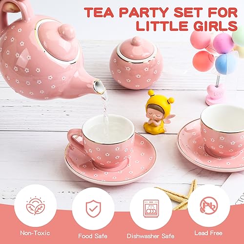 CHENP.HMC CHENPHMC Tea Party Set for Little Girls 13 Piece Sets Kids Tin Tea Party with Cups Saucers Plates  Serving Trays Girls Birthday Gift Pastel Polka Dots - Image 5
