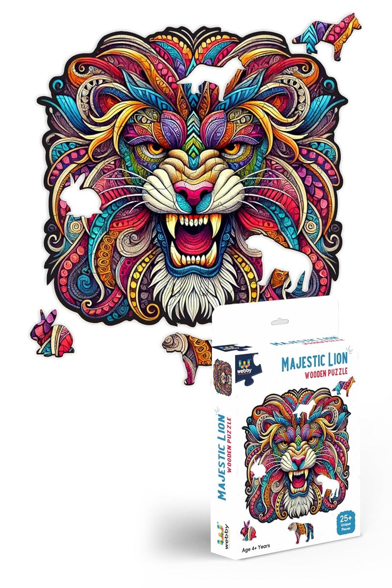 Webby Majestic Lion Jigsaw Puzzle | Travel Game | Zentangle Art Design Wooden Puzzle Toy for Kids and Adults (25 Pieces) - Image 1