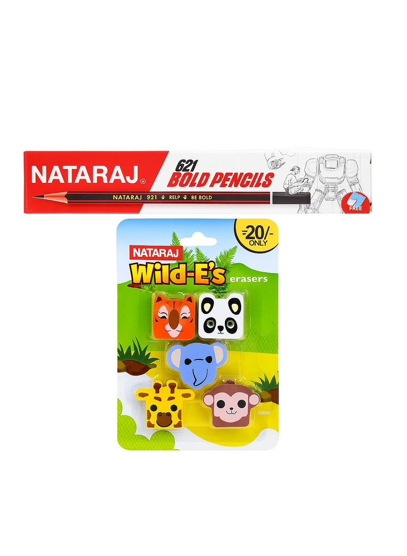 ناتاراج مجموعة أقلام رصاص ناتاراج ٦٢١ جريئة + ممحاة حيوانات وايلد-إي - مجموعة كتابة ممتعة وممحاة للأطفال