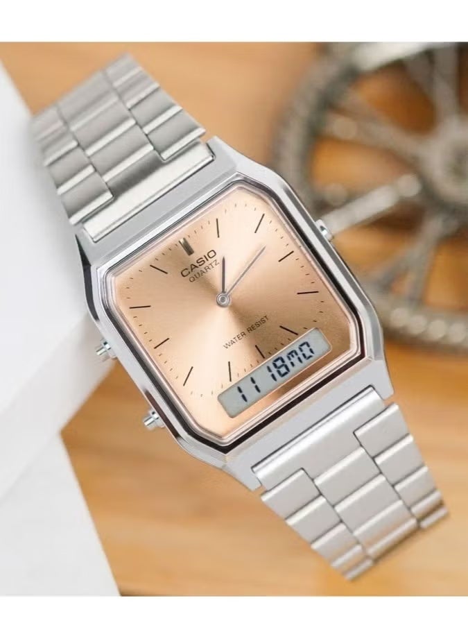 CASIO ساعة أنالوج رقمية مزدوجة الوقت بتصميم عتيق بقرص نحاسي سلسلة Vintage AQ-230A-4A - Image 2