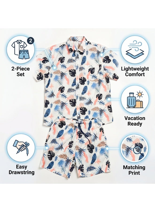 IceZone Men's 2 Piece Matching Set, Tropic Feather Leaf Print, Short Sleeve Button Up Shirt & Quick Dry Swim Shorts, Summer Beach Outfit - Image 2