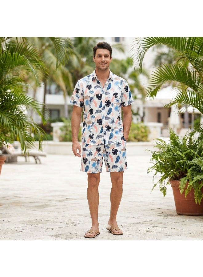 IceZone Men's 2 Piece Matching Set, Tropic Feather Leaf Print, Short Sleeve Button Up Shirt & Quick Dry Swim Shorts, Summer Beach Outfit - Image 1