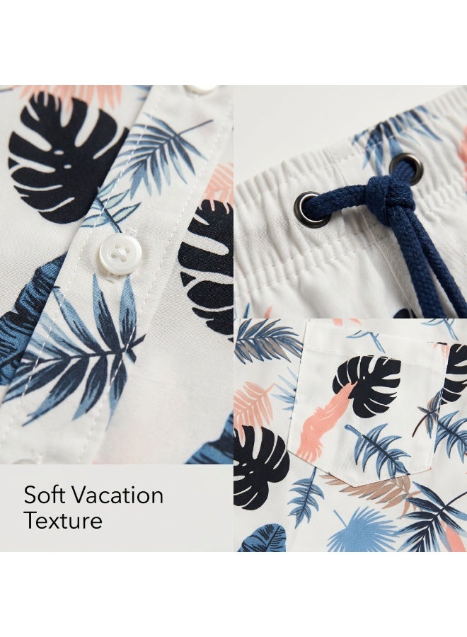 IceZone Men's 2 Piece Matching Set, Tropic Feather Leaf Print, Short Sleeve Button Up Shirt & Quick Dry Swim Shorts, Summer Beach Outfit - Image 3