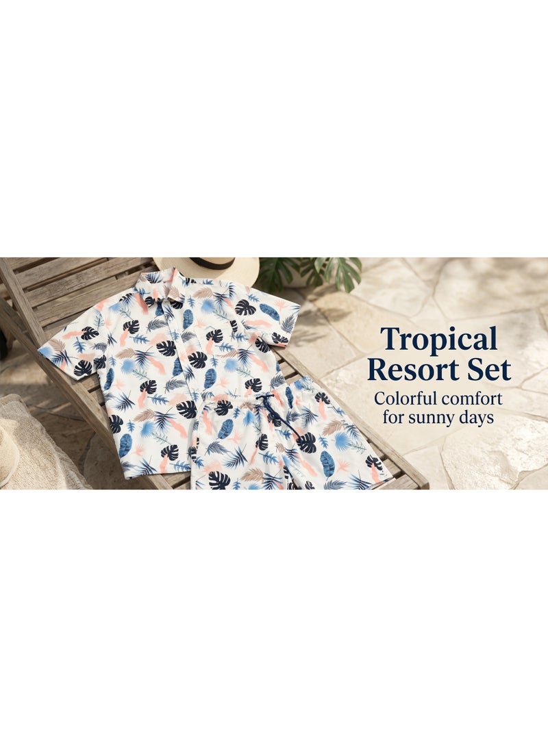 IceZone Men's 2 Piece Matching Set, Tropic Feather Leaf Print, Short Sleeve Button Up Shirt & Quick Dry Swim Shorts, Summer Beach Outfit - Image 5
