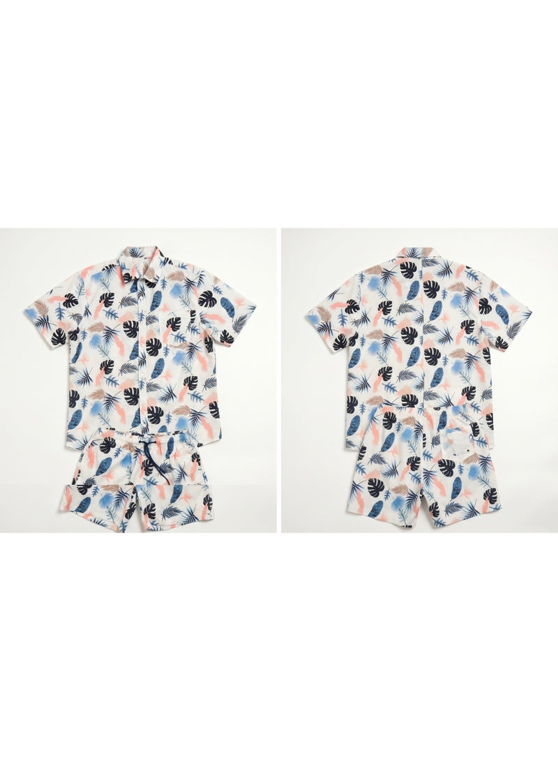 IceZone Men's 2 Piece Matching Set, Tropic Feather Leaf Print, Short Sleeve Button Up Shirt & Quick Dry Swim Shorts, Summer Beach Outfit - Image 4