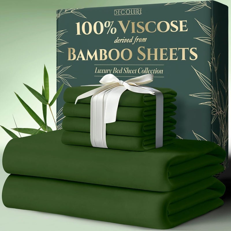 DECOLURE 100 Viscose Derived from Bamboo Sheets Queen Size 6pcs  Ultra Soft  Luxuriously Cooling 17 Deep Pocket Double Stitching Perfect for Hot Sleepers  Queen Bed Sheets Olive