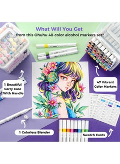 Ohuhu Ohuhu Markers: 48-Color Double Tipped Brush & Chisel Alcohol Markers for Adults Coloring Illustration, Alcohol-based Art Marker Set with Unique Designed Grip, Great Value Pack for Beginners  - Image 5
