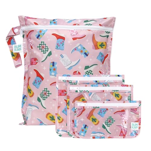 Bumkins - Waterproof Wet Bag & Clear Travel Bags - For Beach, Baby, Travel, Swim Suit, Cloth Diapers, Pump Parts, Pool, Gym, Toiletries - Reusable & Easy to Clean - Cowgirl Boots - 4 Pack - Image 1