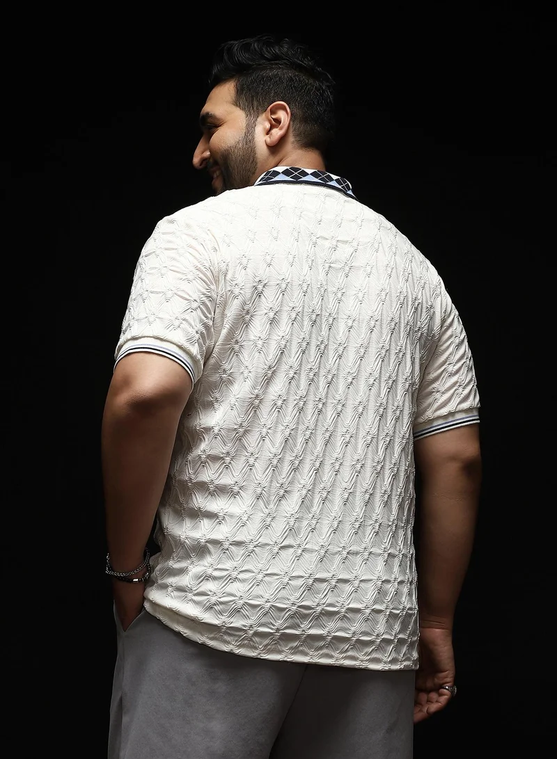 Instafab Plus Instafab Plus Men's White Block Argyle-Knit Polo T-Shirt | Jacquard Polo Neck , Short Sleeves , Half-Button Closure , Straight Hemline | Colourblock Textured Polyester Blend For Office & Casual Wear