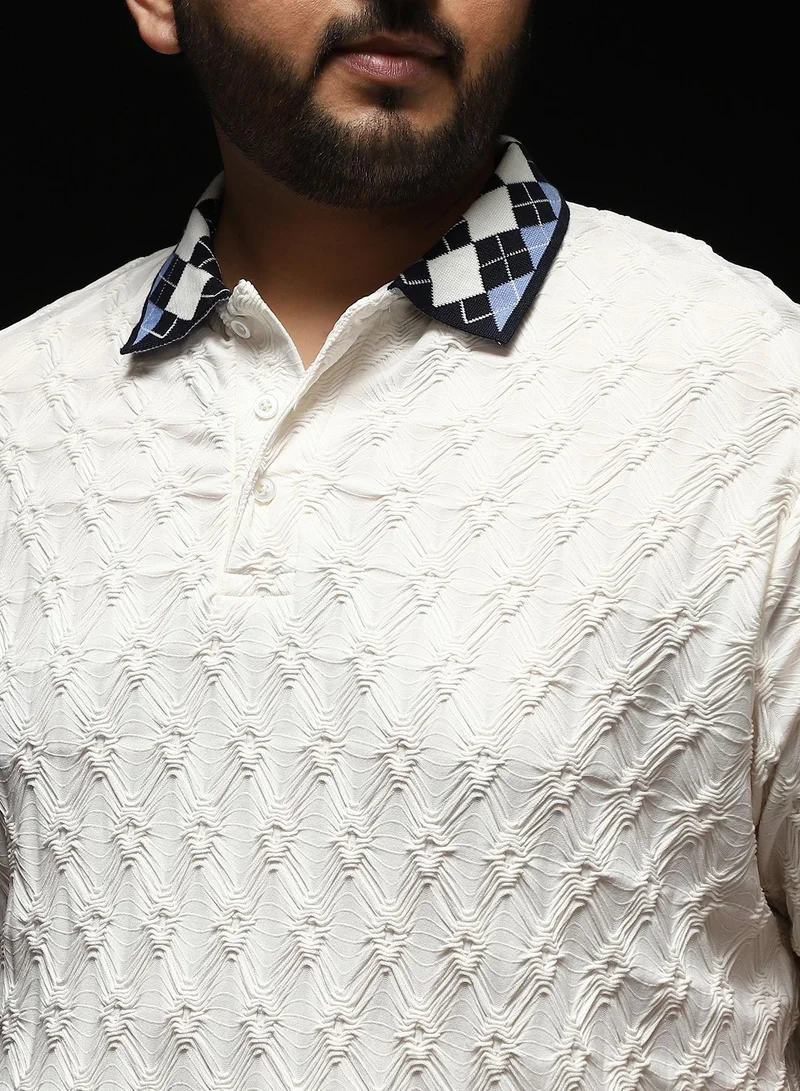 Instafab Plus Instafab Plus Men's White Block Argyle-Knit Polo T-Shirt | Jacquard Polo Neck , Short Sleeves , Half-Button Closure , Straight Hemline | Colourblock Textured Polyester Blend For Office & Casual Wear