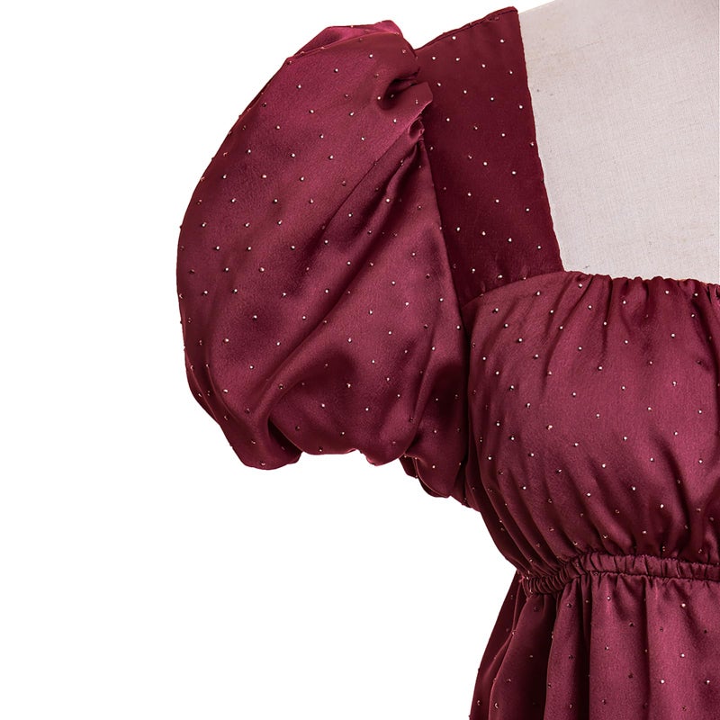 Vibsion Regency Dresses for Women Puff Sleeve Empire Waist Victorian Dress Luxurious Rhinestone Satin Party Gown XXL - Image 4