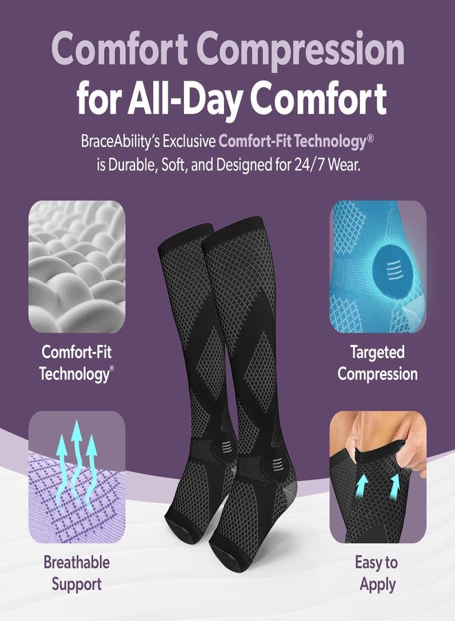 BraceAbility Compression Socks for Circulation - 20-30 mmHg Knee High Neuropathy Open Toe Stockings for Varicose Veins, Swelling, RLS, Medical Toeless Support for Men or Women - 1 Pair (M - Black) - Image 3