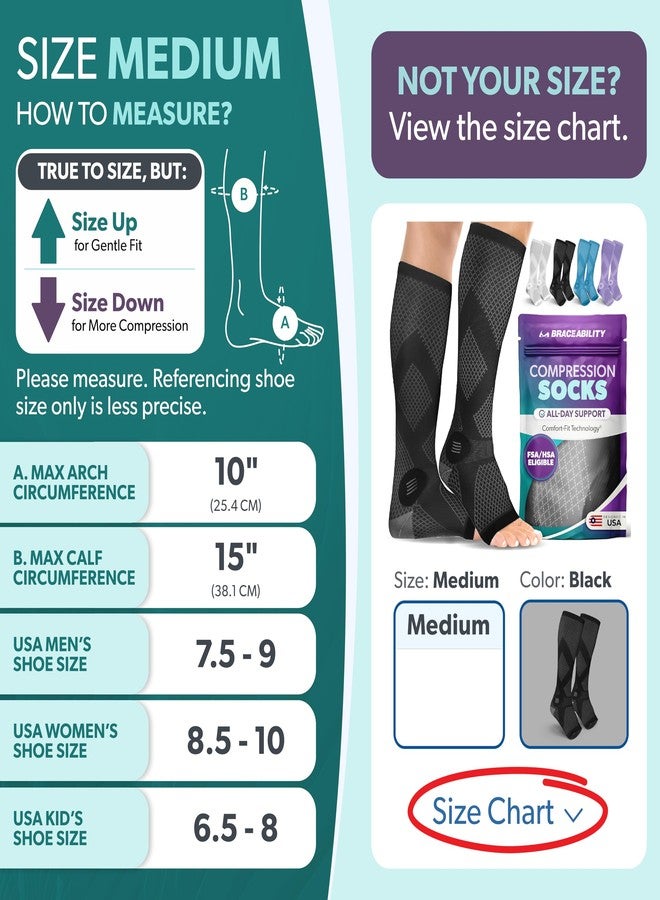 BraceAbility Compression Socks for Circulation - 20-30 mmHg Knee High Neuropathy Open Toe Stockings for Varicose Veins, Swelling, RLS, Medical Toeless Support for Men or Women - 1 Pair (M - Black) - Image 2